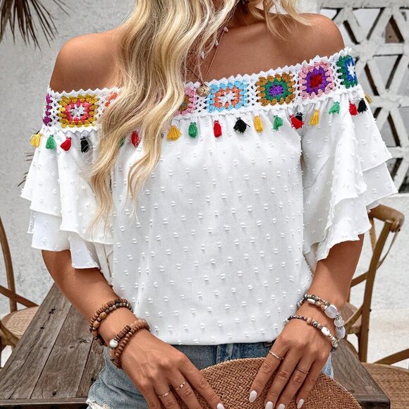 White Boho Women's Off Shoulder Shirt With Colorful Tassel Design - Picture 4 of 6